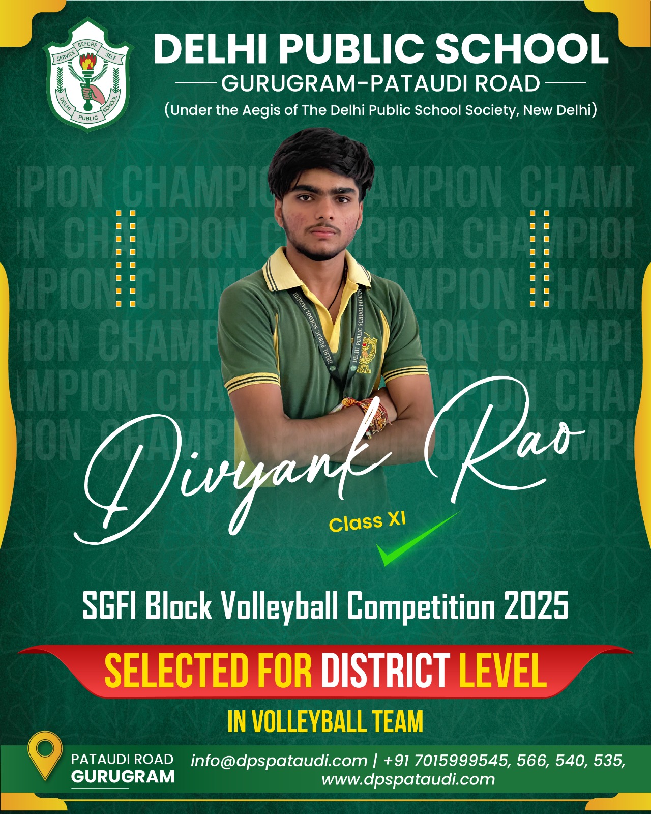 Divyank Rao Win of DPS Pataudi wins Gold medal